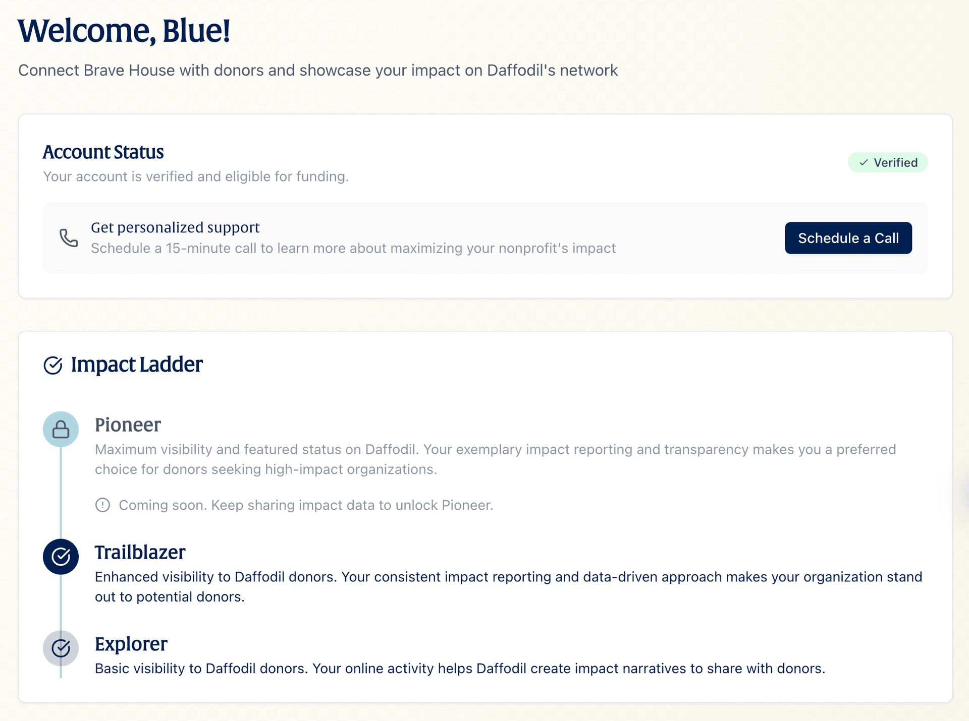 Nonprofit account status and impact ladder showing verification and growth