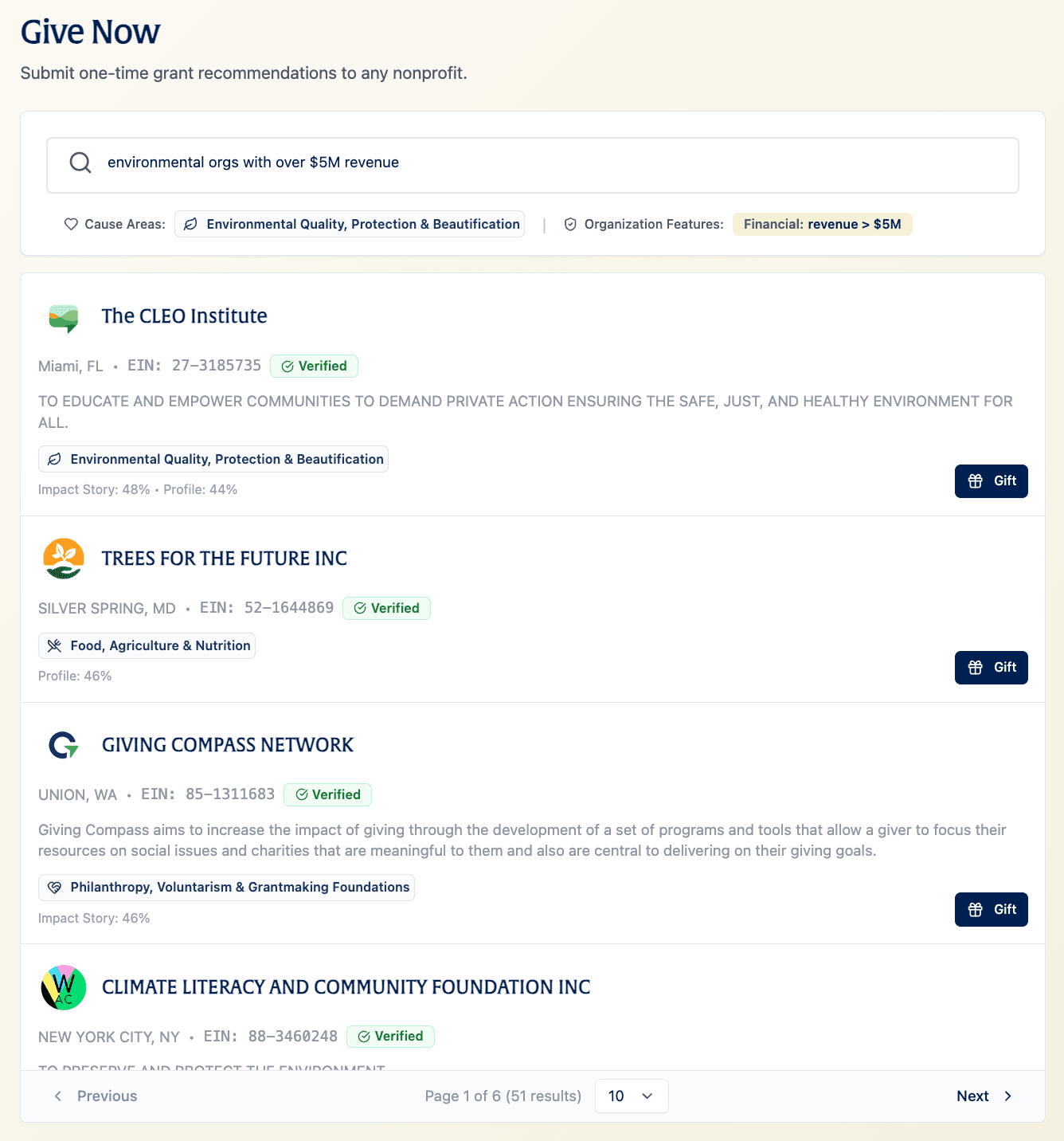 Nonprofit search and discovery API showing rich organizational data
